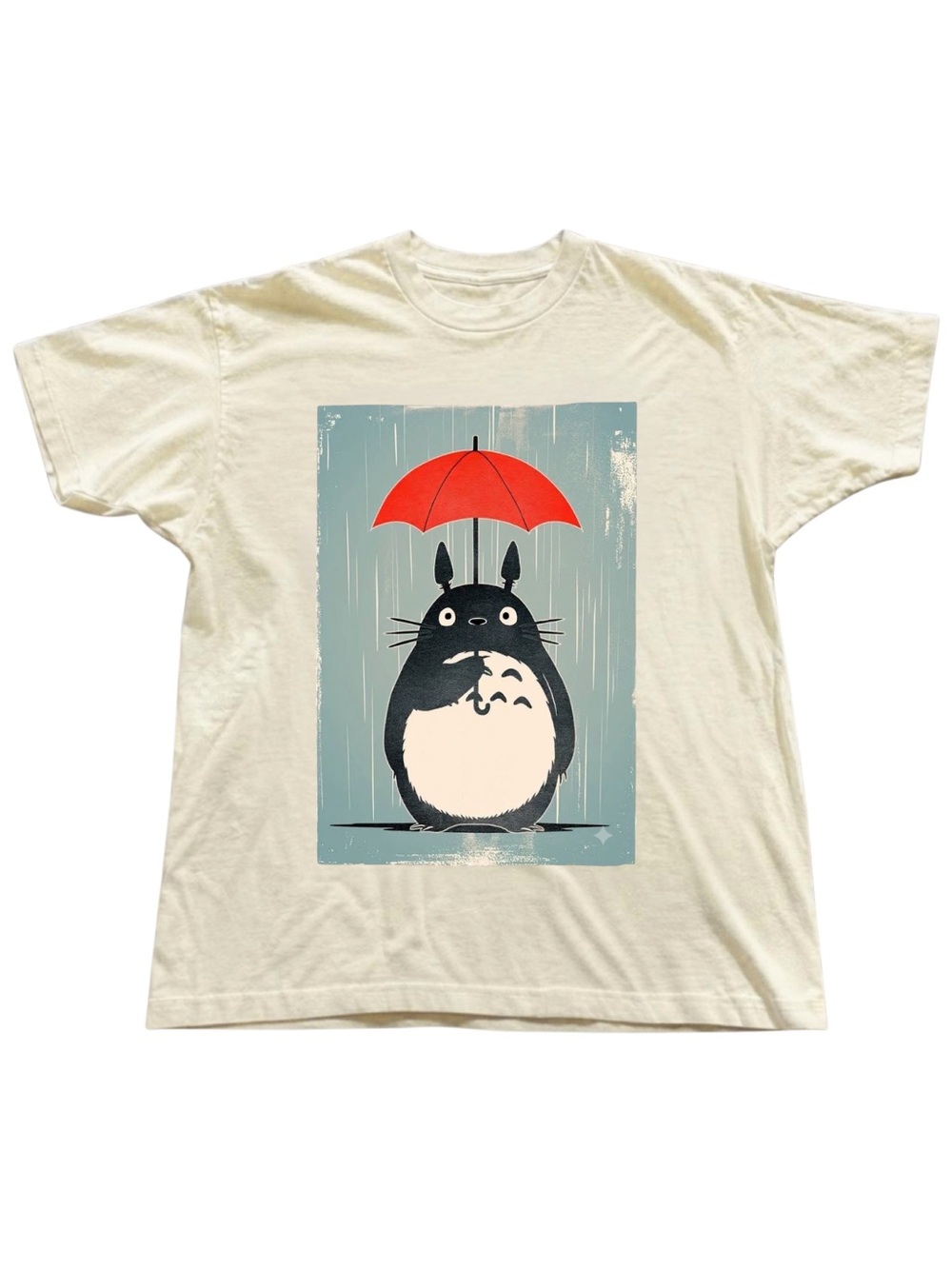 Gildan Cream Totoro Graphic Tee with Red Umbrella